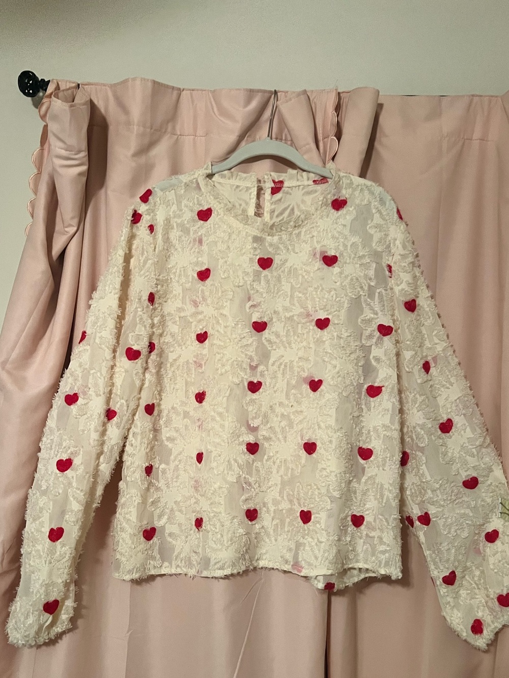 Shein Cream Lace Top with Red Heart Accents